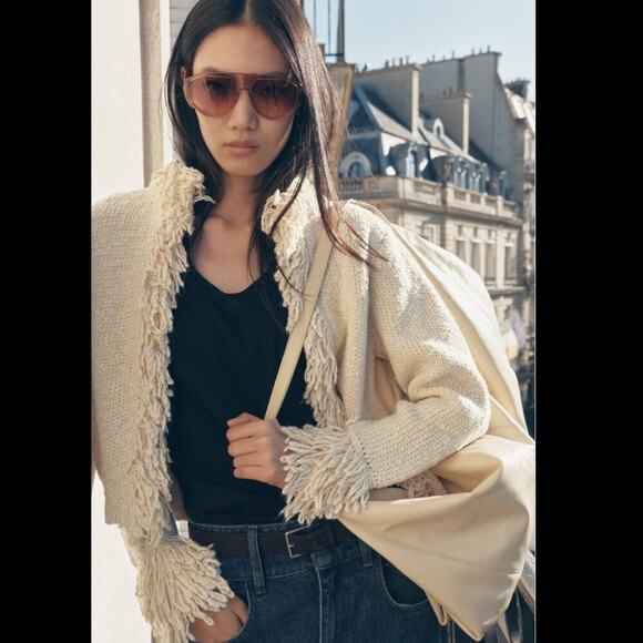 ZARA Wool-Blend Fringe Knit Cardigan NWT – Ecru Textured Jacket, Size XL - Picture 10 of 16